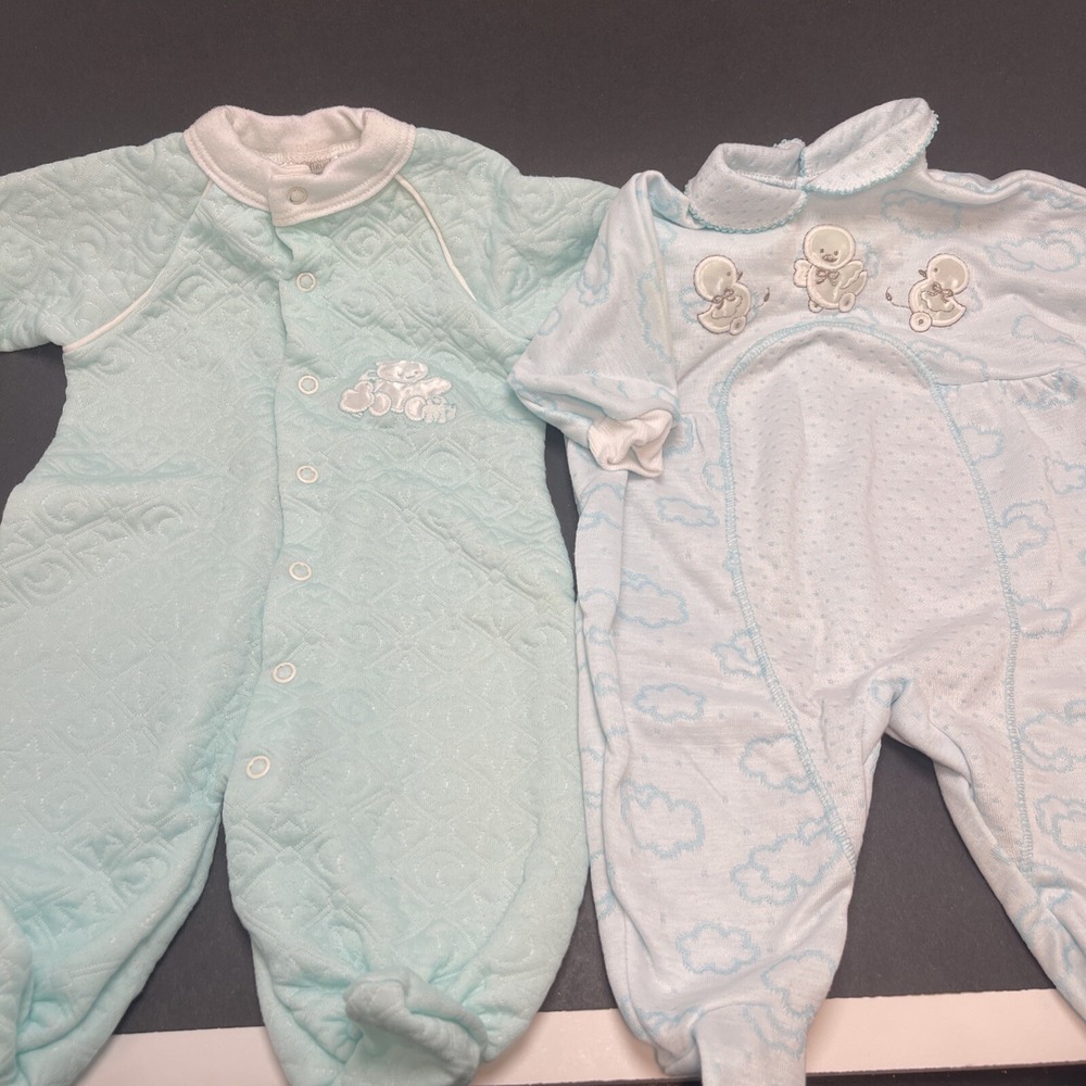 Vintage 0-3m Bright Future Collared Toy Duck & Teal Button Bear Footie Pajamas